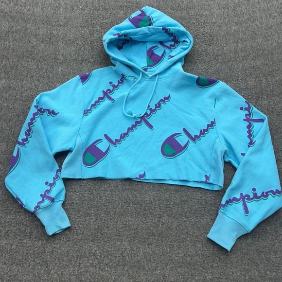 Champion Tops - Champion Reverse Weave Hoodie Womens Medium Blue Crop All Over Print Sweatshirt